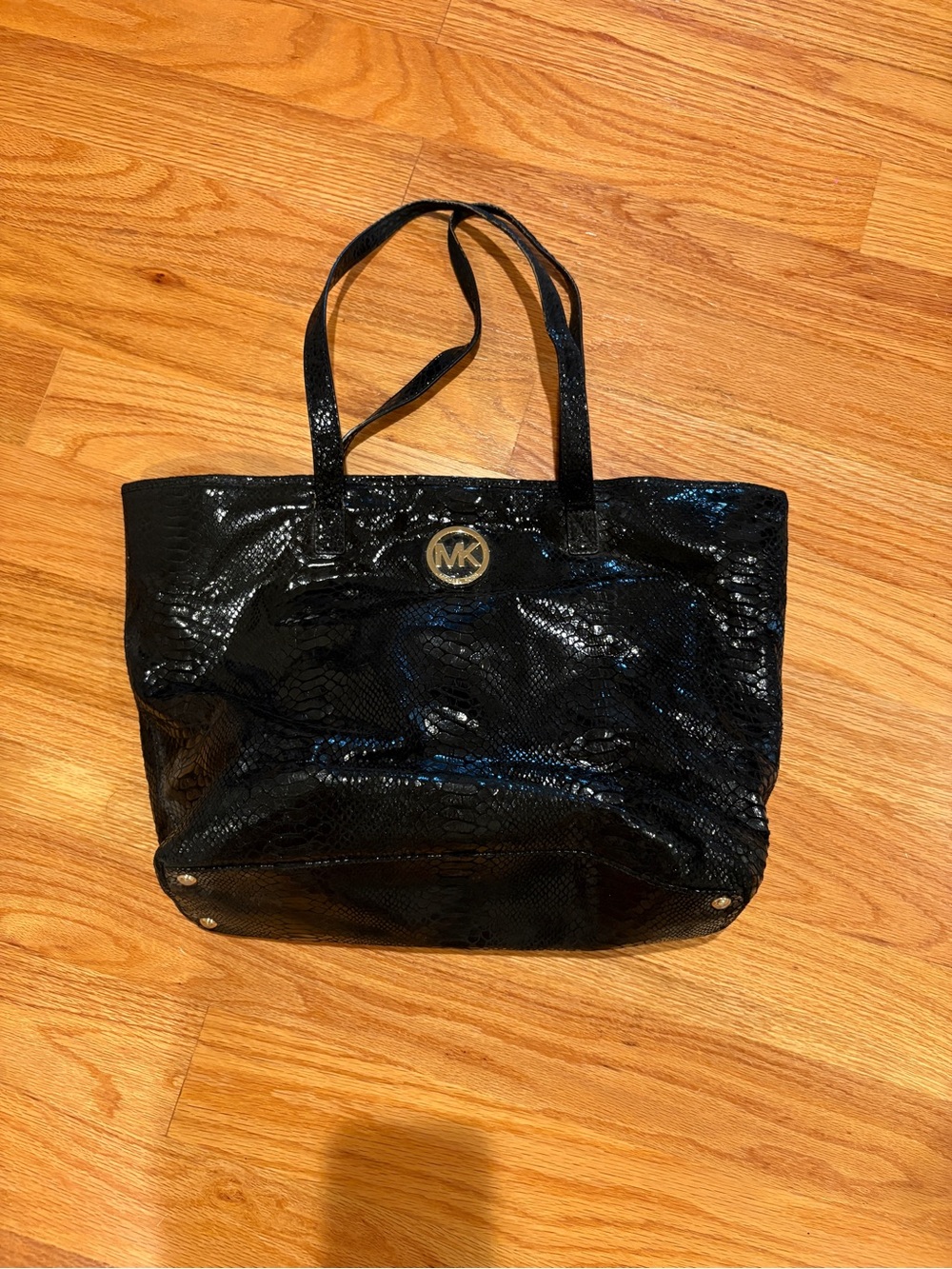 Michael Kors Black Patent Snake-Embossed Tote with Gold MK Accent